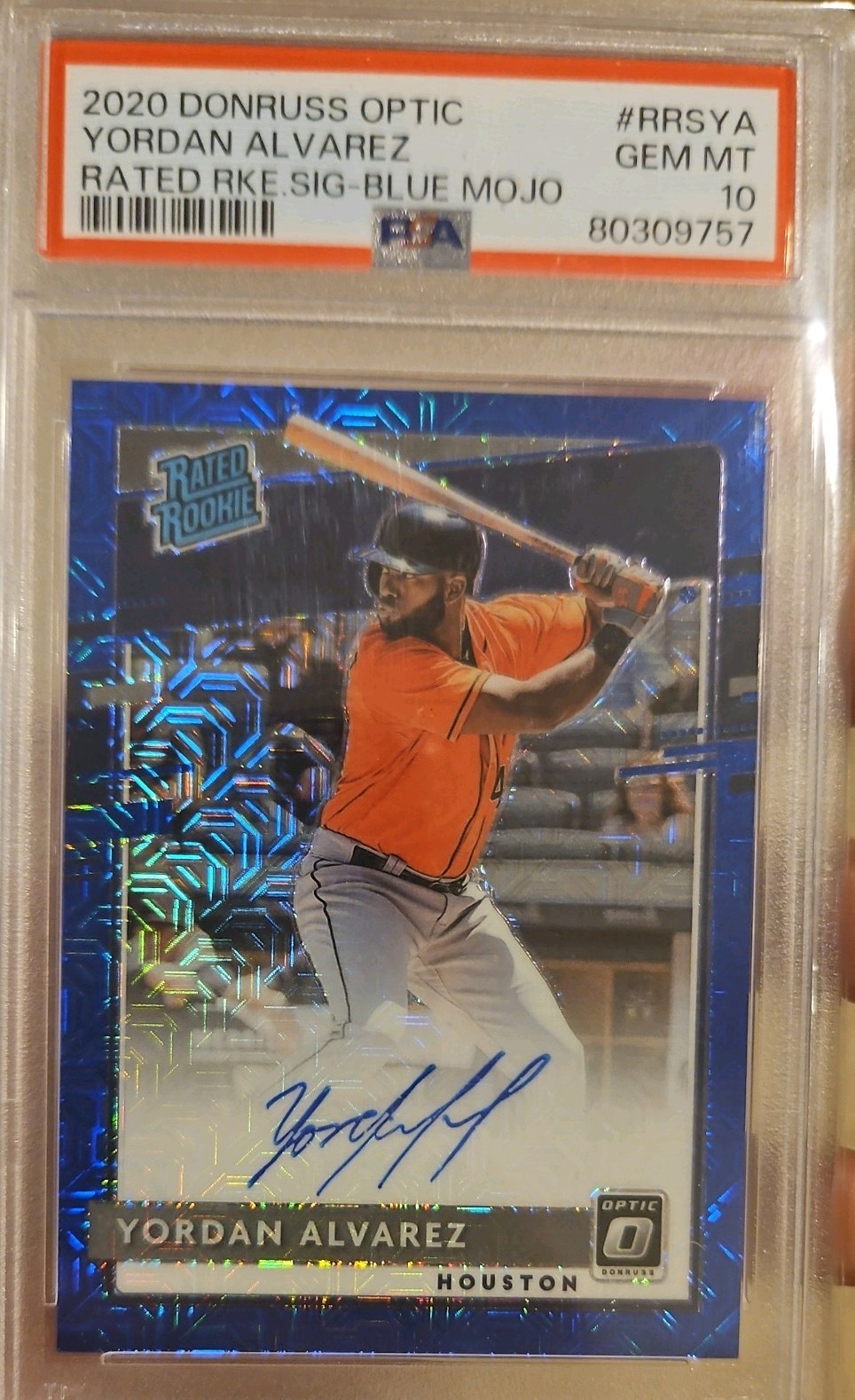 2020 Optic Rated Rookie Auto 69/99 Yordan Alvarez Blue Prizm RC HR Leader PSA 10 view 3