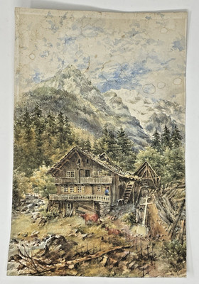 Vtg Watercolor Swiss Village Art Mountain Farmhouse On Paper 12.75 x 8.25 Signed