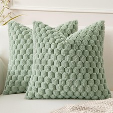Spring Sage Green Faux Fur Decorative Throw Pillow Covers 18x18 Inch Set of 2...