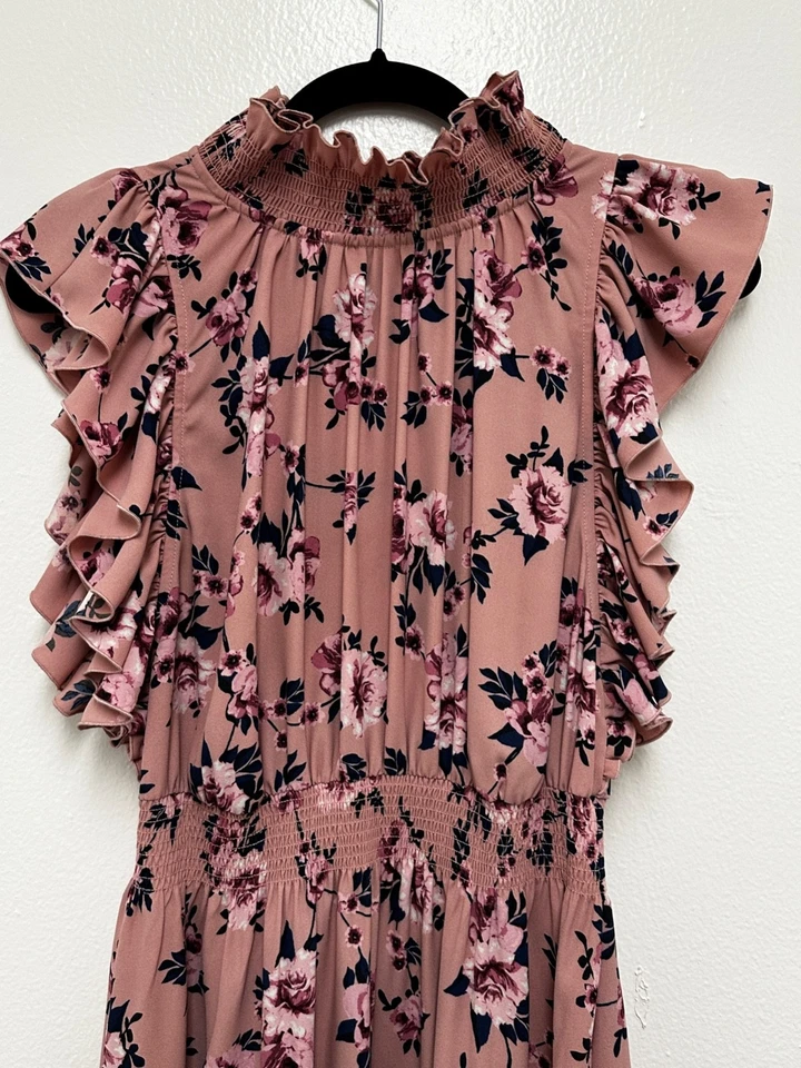 Kate Spade 女式鸡尾酒礼服浪漫褶皱花卉草原玫瑰飘动 M 码 — 第 2/4 张图片