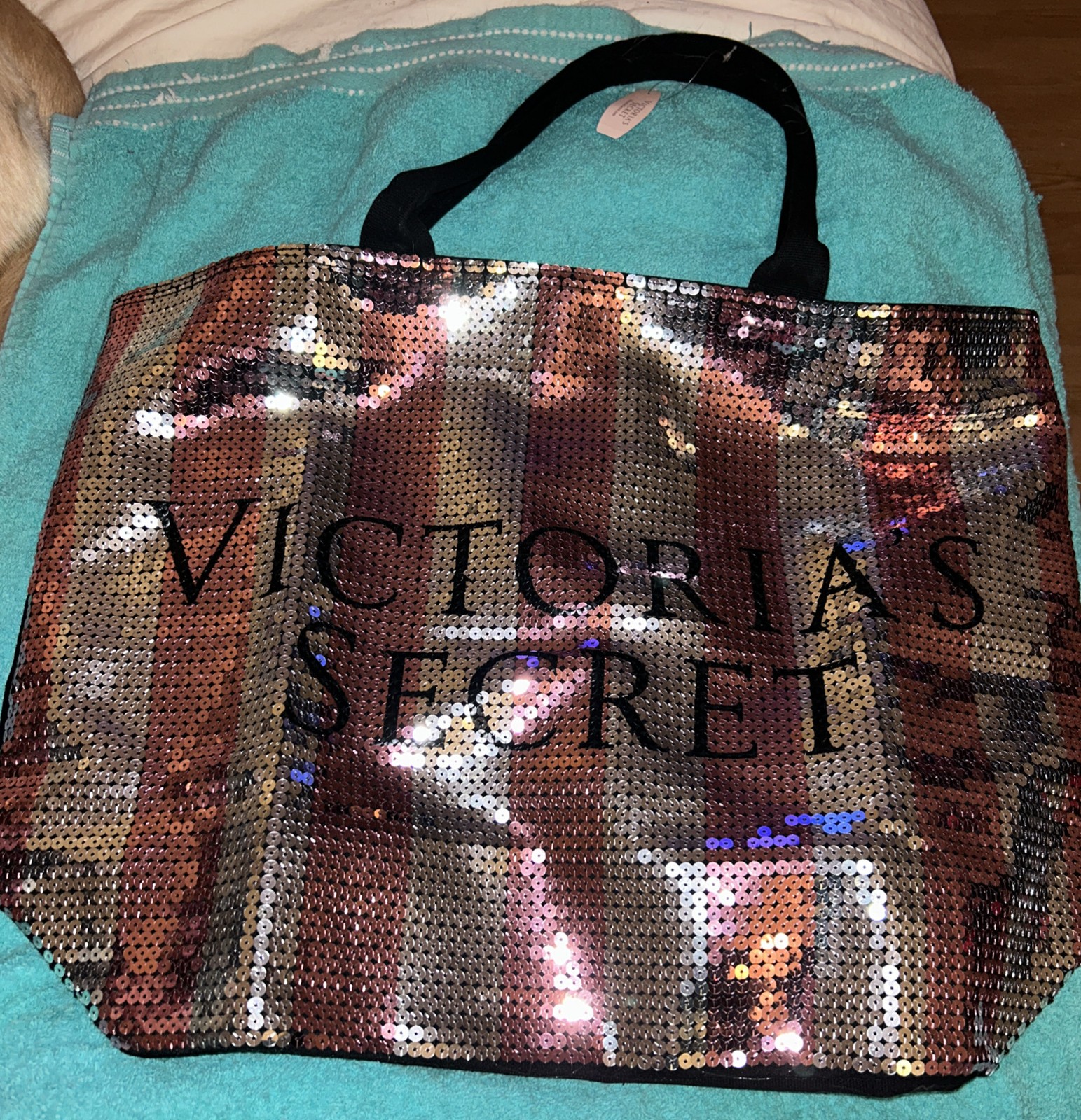 VICTORIA’S SECRET Pink Silver Stripe Sequin Bling Weekender Tote Bag Limited Ed