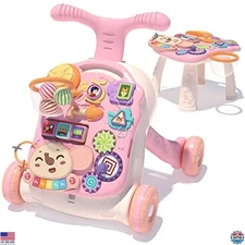 QDRAGON 3-in-1 Pink Baby Walker & Activity Center - Sit-to-Stand, Musical Panel