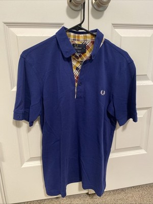 Fred Perry Slim Fit Polo Shirt Navy Mustard Yellow Tartan Plaid Collar Men s M