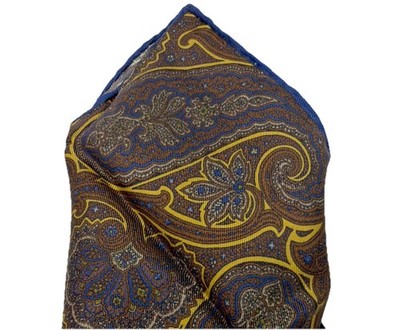 Robert Talbott Brown Blue Yellow Paisley Pocket Square 16  Silk Hand Rolled