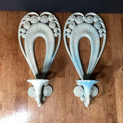 VTG Burwood Pair White Blue Plastic Wicker Rattan Wall Sconce Candle Holder MCM