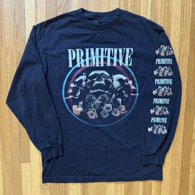 Primitive Skull Roses Graphic Black Cotton T-Shirt Men's M Long Sleeve 19x26.5