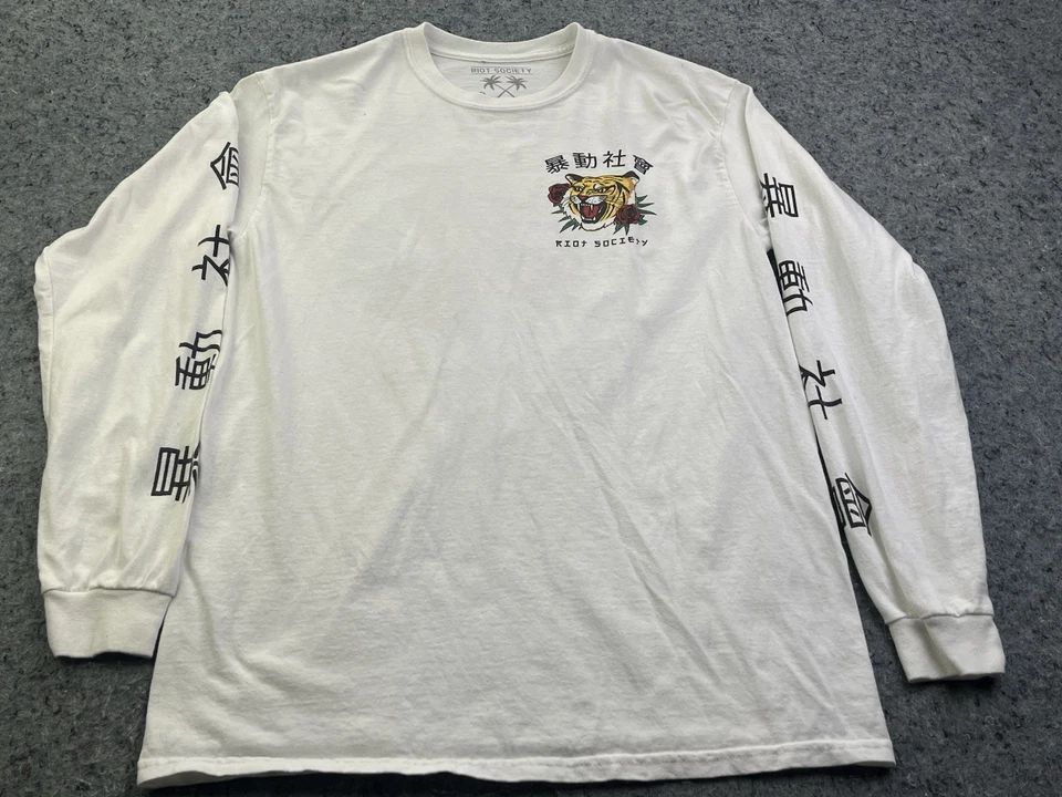 Camisa Riot Society Tiger Rose Manga Larga M Kanji Gráfico Streetwear Blanca Foto 3 de 4