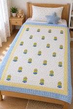 Kids Cotton Quilt 45x60 Inch Hand Block Printed Yellow Blue Cartoon Blanket