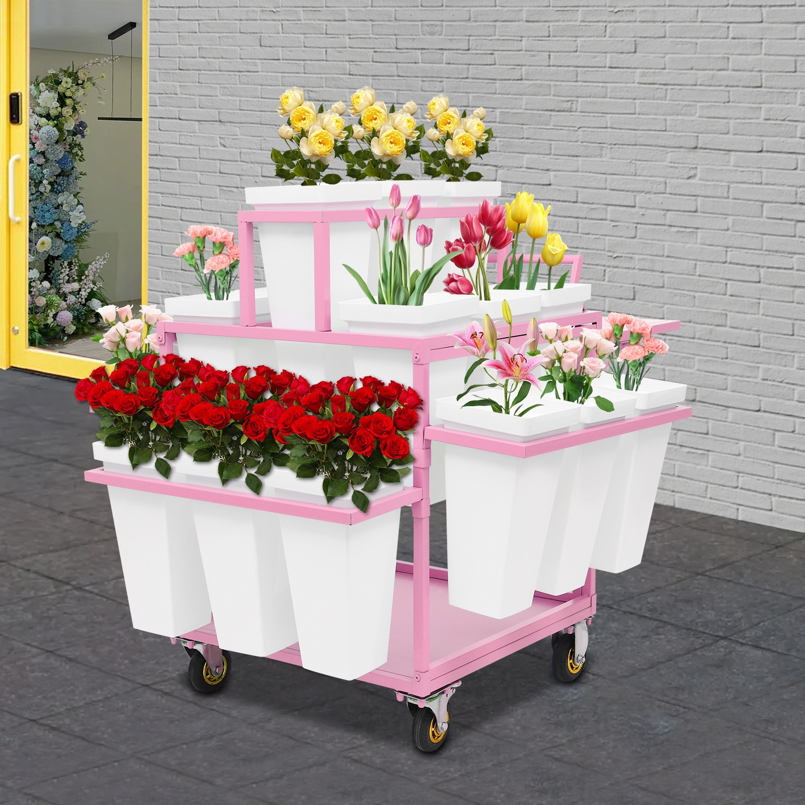 6-Tier Flower Display Stand 18 Buckets 4 Wheels Floor Mount for Flower Shop