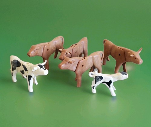 Lot 6 Animaux Playmobil Vaches Veau Taureau Ferme Ranch – Vintage – Corne Cassée
