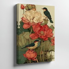 Vintage Style Floral Canvas Wall Art With Birds Nature Botanical Print Home