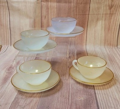 1960 s Set 4 Arcopal Opalescent French Harlequin Tea Cups & Saucers