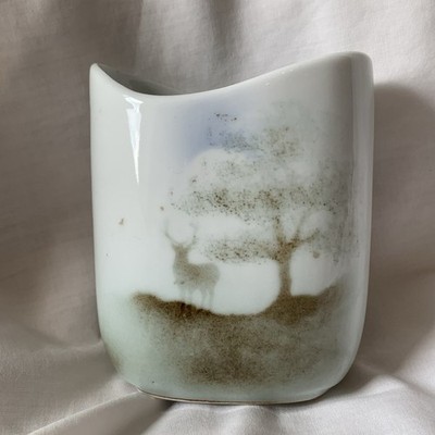 Highbank Porzellan Schottland kleine 3 1/2 Zoll Vase mit Hirsch und Wald Motiv