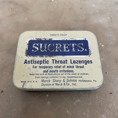 Vintage 1960s Empty Sucrets Throat Lozenges Tin Hinged Box Merck Sharp & Dohme