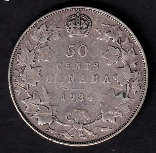 Canada 1934 50c Fifty Cent Silver Coin King George V F Fine .800 Silver #1