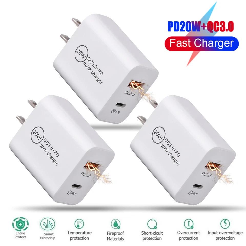 Lote Adaptador de Corriente Cargador de Pared USB Doble 20W PD Tipo C Carga Rápida QC 3.0 Foto 2 de 4