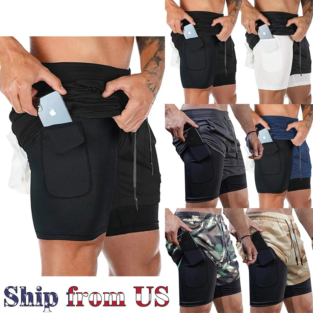 Men’s 2 in 1 Running Training Shorts Gym Athletic Workout Shorts with  Pockets