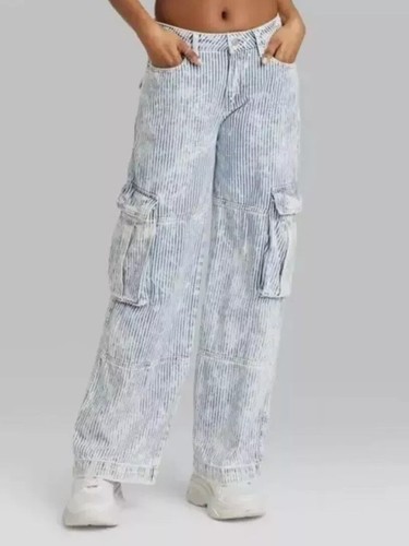 Women's Mid-Rise Baggy Cargo Wide Leg Jeans - Wild Fable Railroad Striped NWT -4