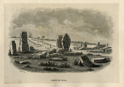 Antiker Druck-ARCHITEKTUR-DOLMEN-CARNAC-BRETAGNE-FRANKREICH-BRETONISCH-1843