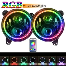Pair 7'' Halo LED Headlights RGB DRL w/ Bracket Rings For 18-19 Jeep Wrangler JL