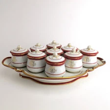 Lahoche Palais Royal Old Paris Porcelain Set 9 Pot De Creme Pots on Stand FLAW
