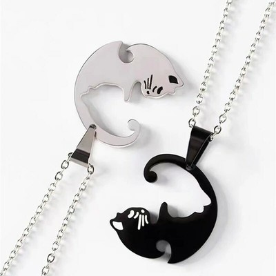 Couples Cat Ying Yang Necklace Set – Stainless Steel Matching Puzzle Pendant Gift For Him & Her, Best Friends, Valentine's Day