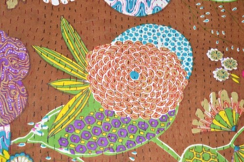 Fruit Print Brown Throw Kantha Quilt Cotton Bedding Decor Quilt 90"x60 In - Picture 4 of 4