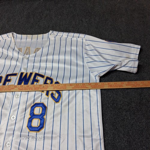 Ryan Braun 8 Milwaukee Brewers Baseball Jersey Majestic Size 52 White Pin Stripe - Picture 7 of 10