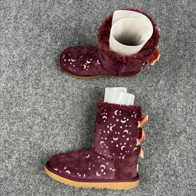 UGG Boots Girls 3 Maroon Bailey Bow Moon and Stars Slip Resist Shearling Lined
