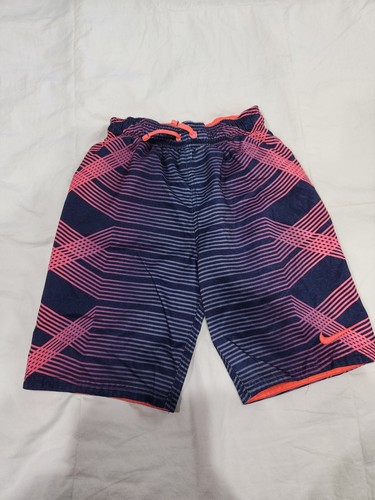 Nike Youth Boys Orange/Blue Striped Swim Trunks with Mesh Liner. Small
