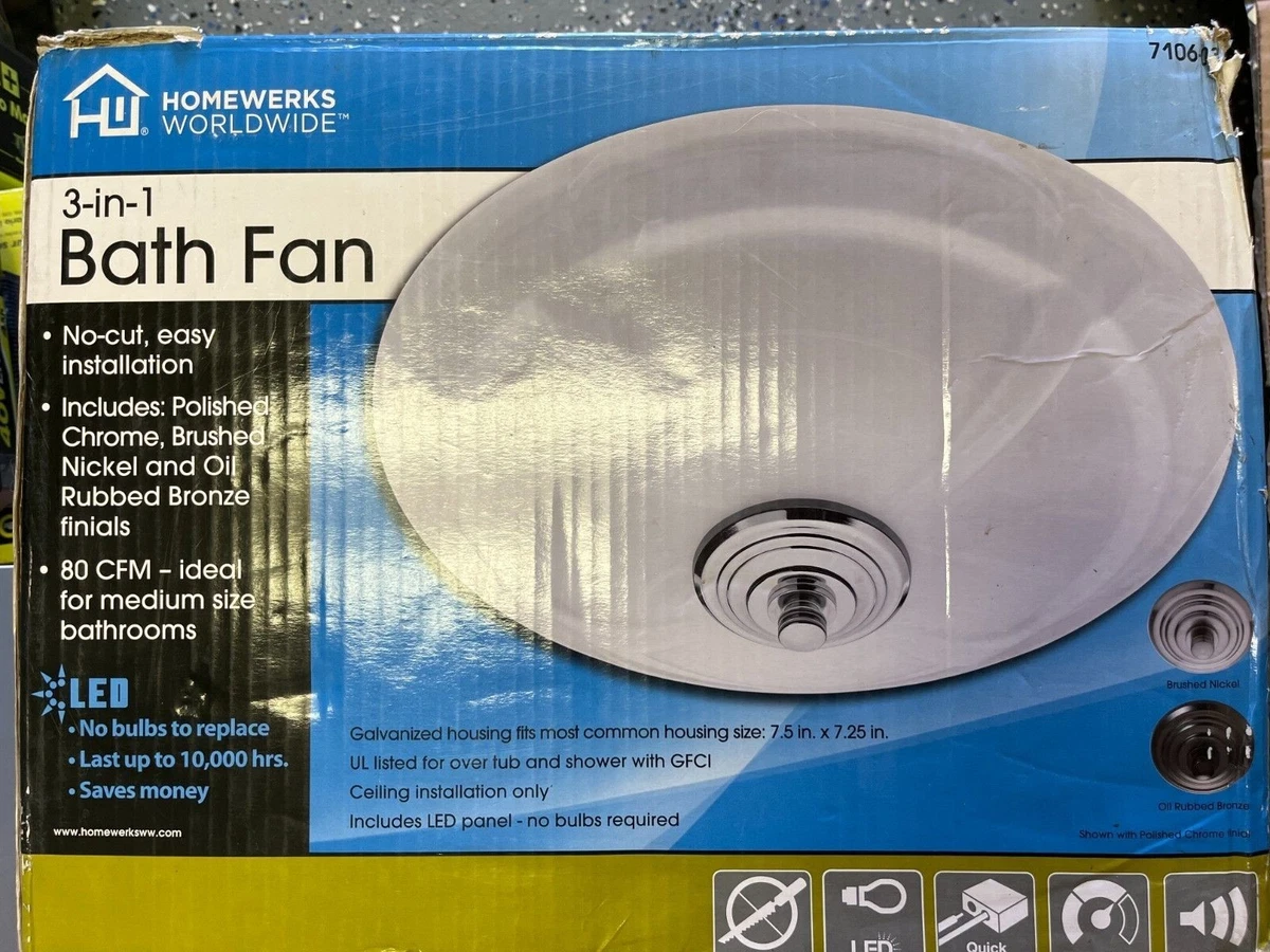 Homewerks Worldwide 3-in-1 Bath Exhaust Fan u0026amp; LED Light - 80 CFM  #7106-03 | eBay