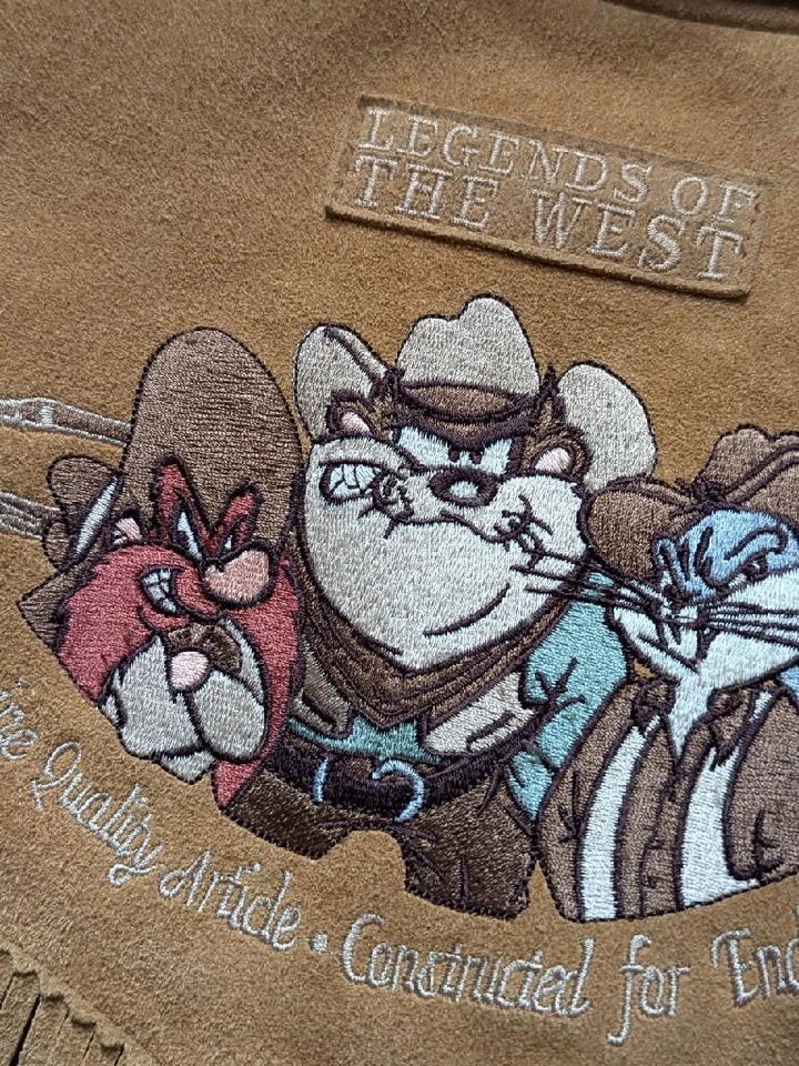 Chaqueta occidental vintage de gamuza cuero de vaca LOONEY TUNES XL flecos TAZ marrón Foto 3 de 4