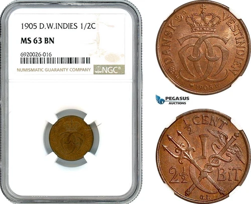 AK233, Danish West Indies, Christian IX, 2 1/2 Bit / 1/2 Cent 1905, NGC MS63BN