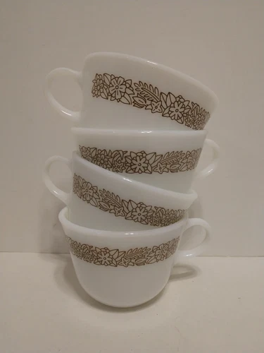 Vintage Pyrex WOODLAND BROWN White Milk Glass 8oz. Coffee Tea Cups Set Lot of 4