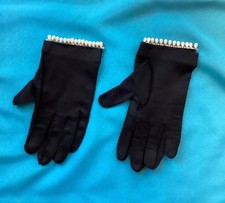 Vintage 50s Black Cotton Cocktail Gloves Pearl Trim Wrist Length Small