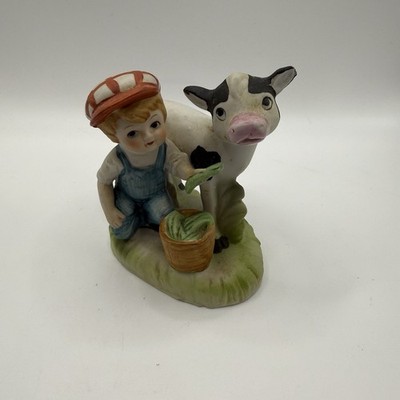 Norleans Boy Feeding Calf Figurine Farm Scene Taiwan 3.5  Wide