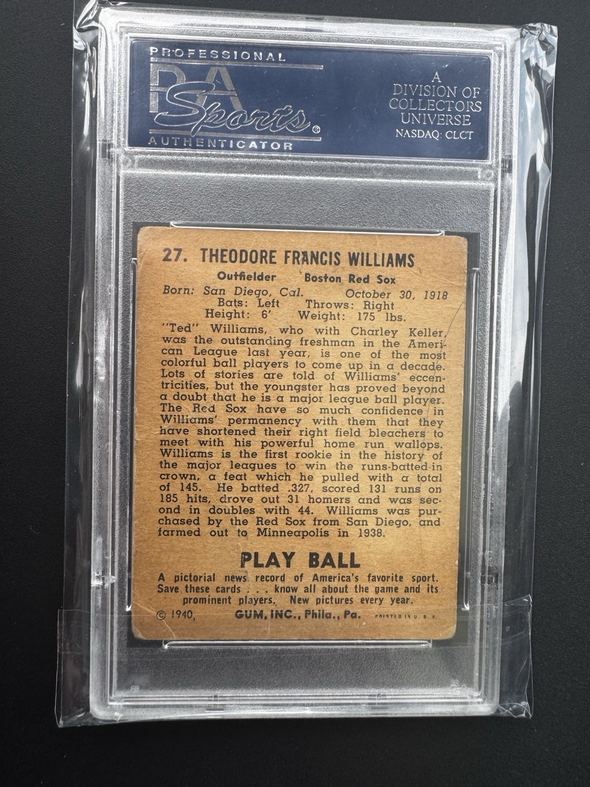 1940 Play Ball Ted Williams #27 Boston Red Sox PSA 1 PR Graded Original Card view 2