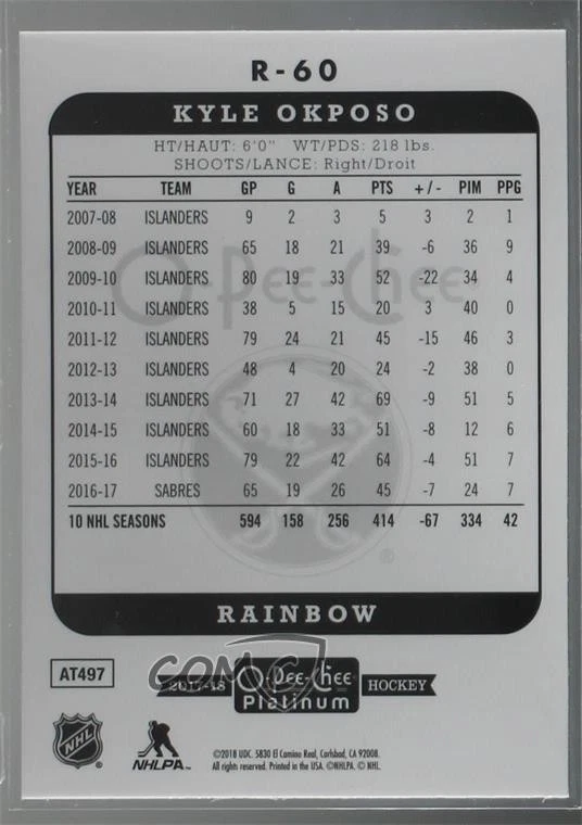 2017-18 O-Pee-Chee Platinum Retro Rainbow Kyle Okposo #R-60 - Image 2 of 2
