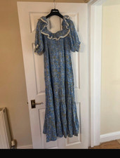 Rixo Blue Floral Square Neck Maxi Dress Lace Trim Puff Sleeves 2XL