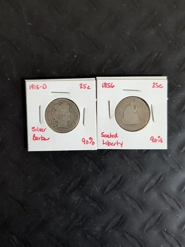 1856 Seated Liberty And 1915 D Silver Barber Quarters