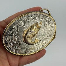 Vtg Heritage Aminco Bass Fish Jumping Design Silver Gold Tone Belt Buckle