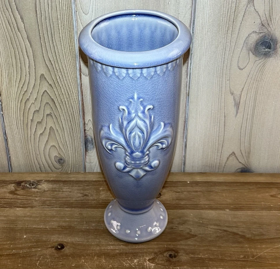 Square Nest Fleur De Lis 13” Vase Renee DuBois Periwinkle Purple - Image 3 of 4