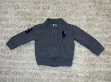 Ralph Lauren Big Pony grey/navy blue cotton full zip cardigan sweater Size 12M