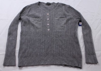 Express Women's Button Detail Long Sleeve Pocket V Neck Top EJ3 Gray Small NWT