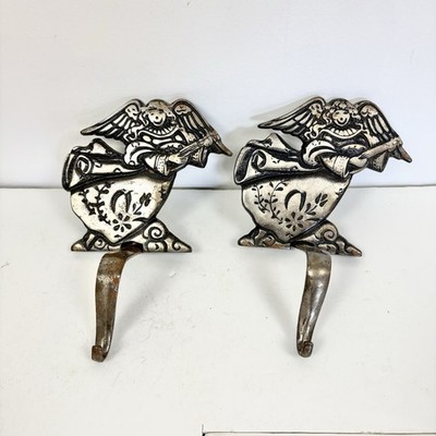 2 Cast Iron Mantle Place Stocking Holder 4.70 Lbs (Both) Heavy Duty Angels