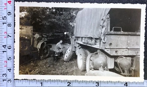 WW2 Era Soldier Changing a Truck Front Tire Vintage BW Photo Snapshot