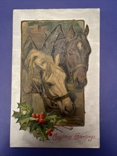 1907 Christmas Greetings, Horses, Silver Vintage Postcard