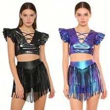 Women 2 Piece Dance Outfit Shiny Dancewear Flutter Sleeve Crop Tops  Shorts Set