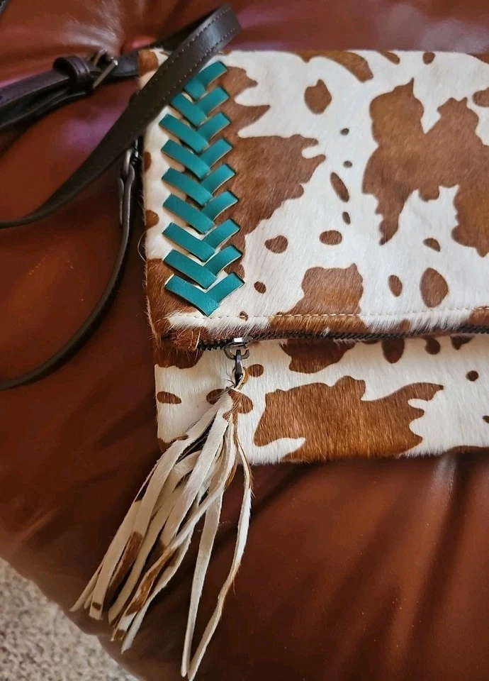 LUCKY & BLESSED PURSE ANIMAL FUR BROWN OFF WHITE TASSEL TURQUOISE LEATHER TRIM - Image 2 of 4