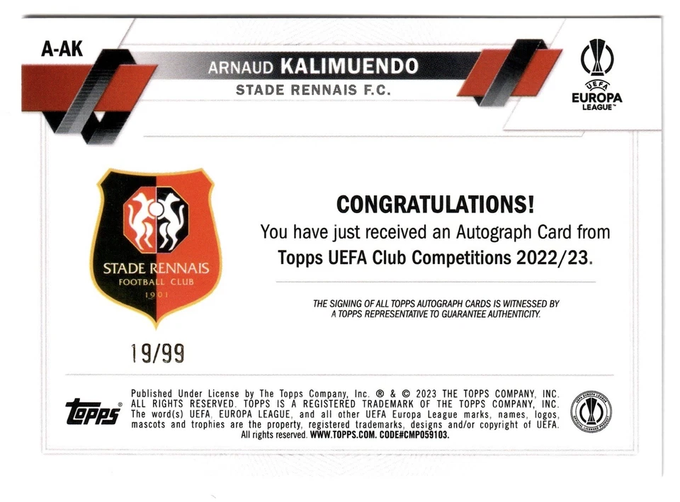 2022-23 Topps UCC Arnaud Kalimuendo Blue Icy Rookie Auto Autograph /99 - Image 2 of 2